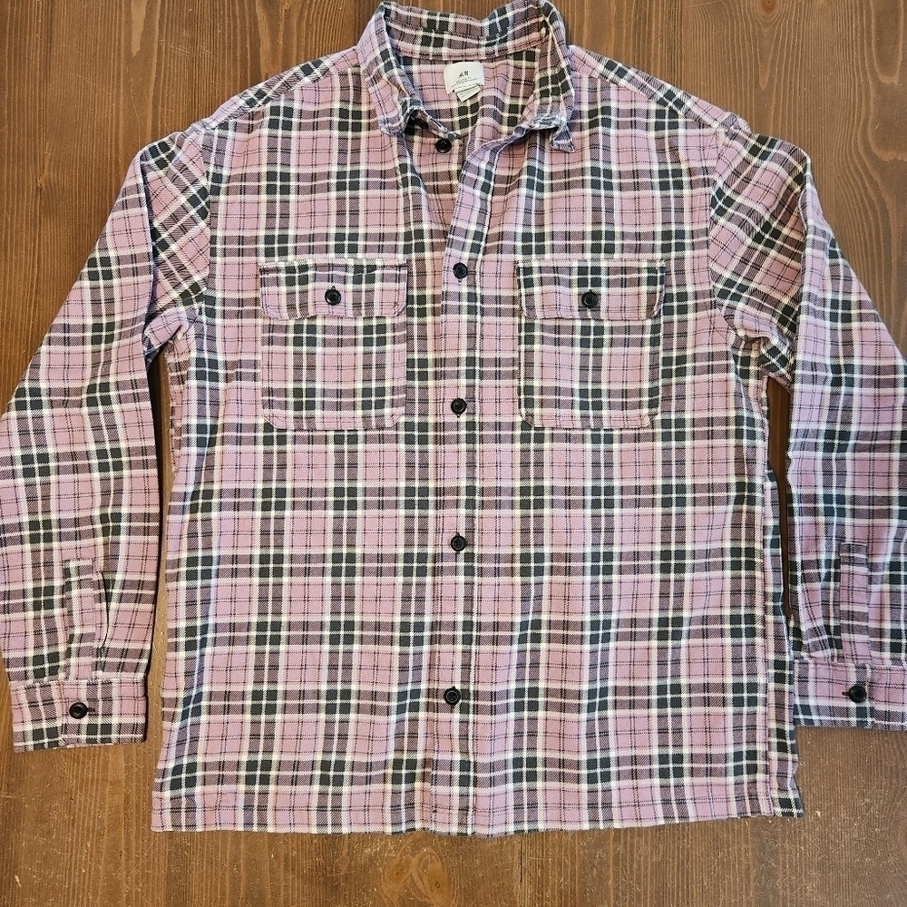 H&M Long Sleeve Flannel Light Purple Button Down Casual Shirt Mens L 100% Cotton